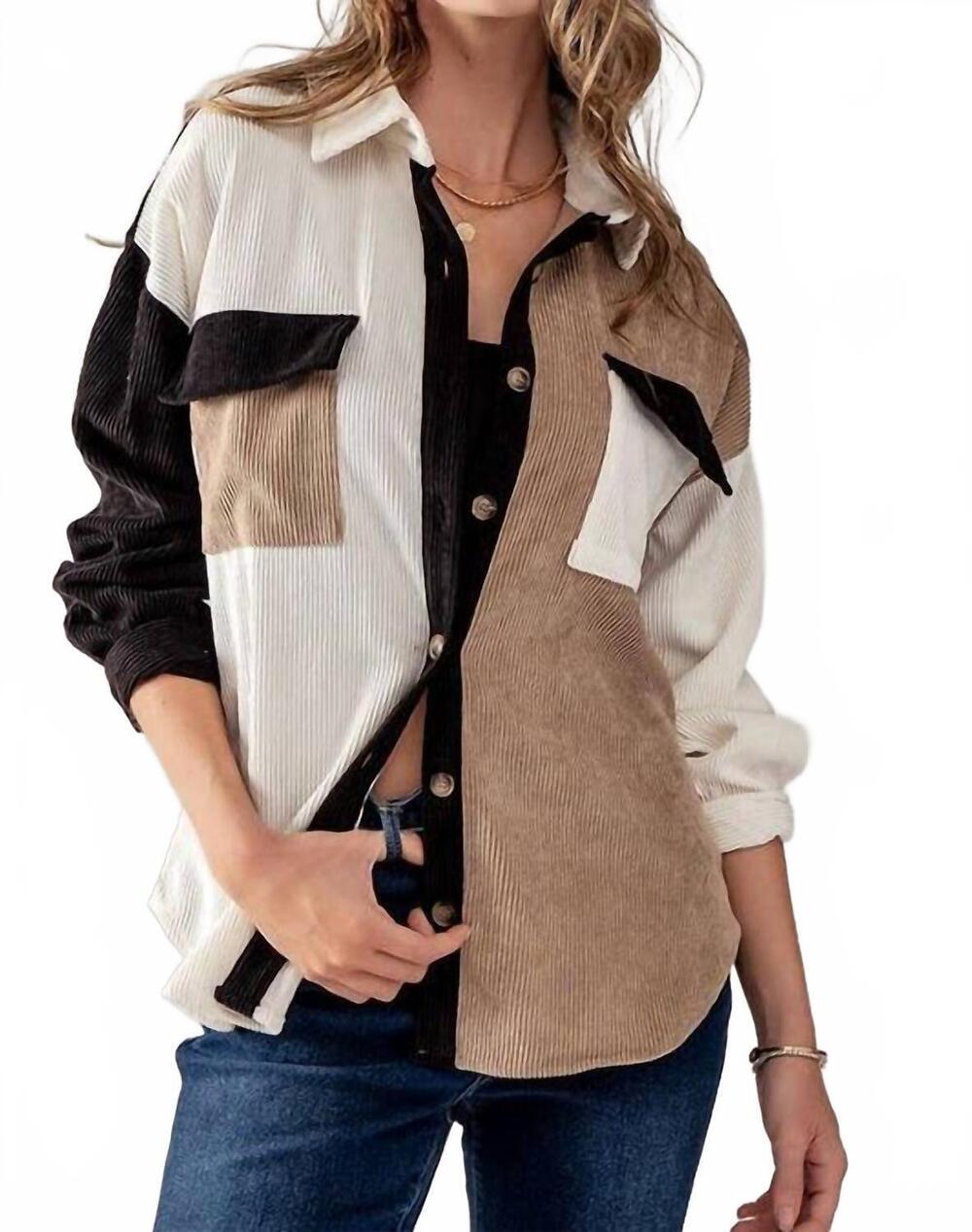 NEW BLU PEPPER relaxed fit colorblock corduroy shacket in beige/white/black